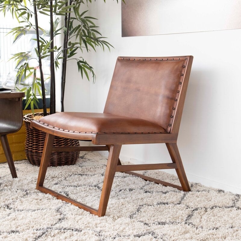 Pemberly Row Tight Back Genuine Leather Upholstered Lounge Chair in Tan