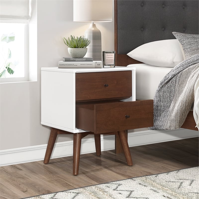 Pemberly Row Mid-Century Solid Wood 2-drawer Nightstand in White