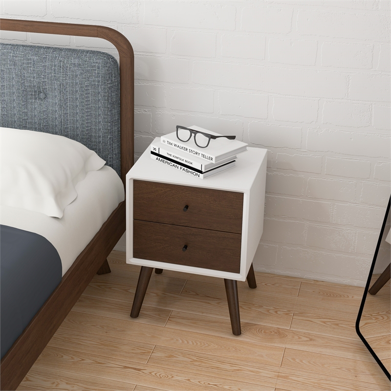 Pemberly Row Mid-Century Solid Wood 2-drawer Nightstand in White
