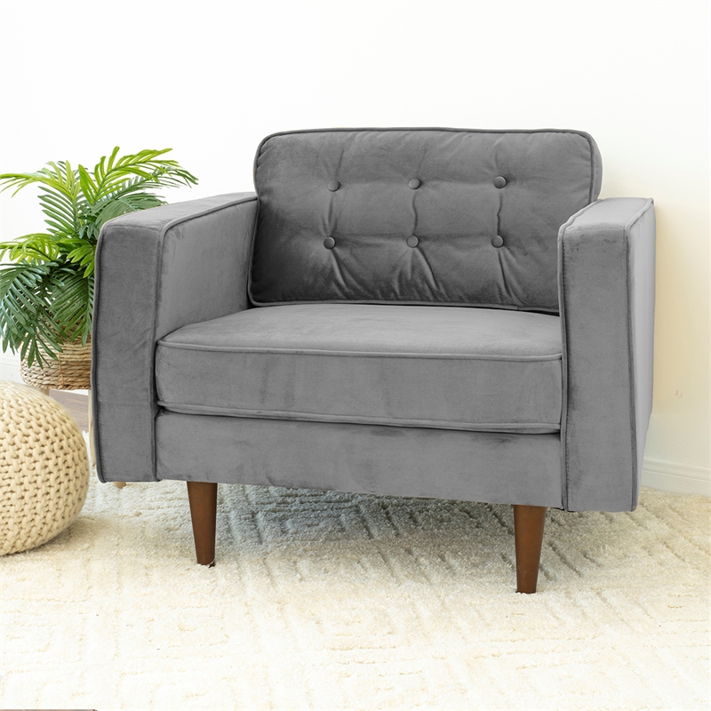 Pemberly Row Mid-Century Pillow Back Velvet Upholstered Armchair in Gray