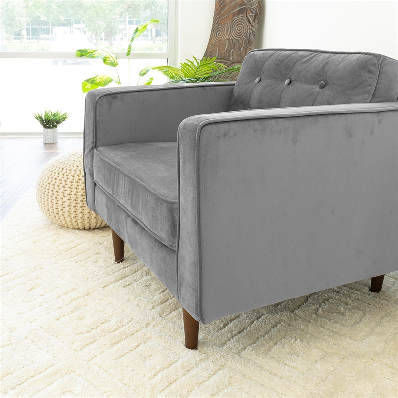 Pemberly Row Mid-Century Pillow Back Velvet Upholstered Armchair in Gray