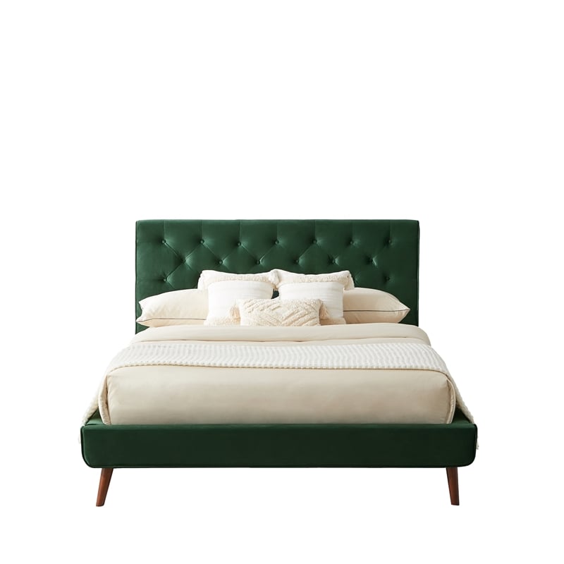 Pemberly Row Mid-Century Velvet Upholstered Platform Bed Queen Size in Green
