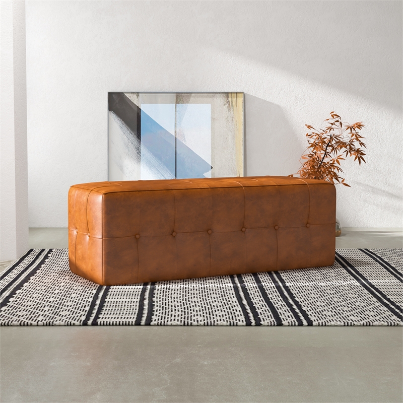 Pemberly Row Mid-Century Design Rectangular Genuine Leather Bench in Tan
