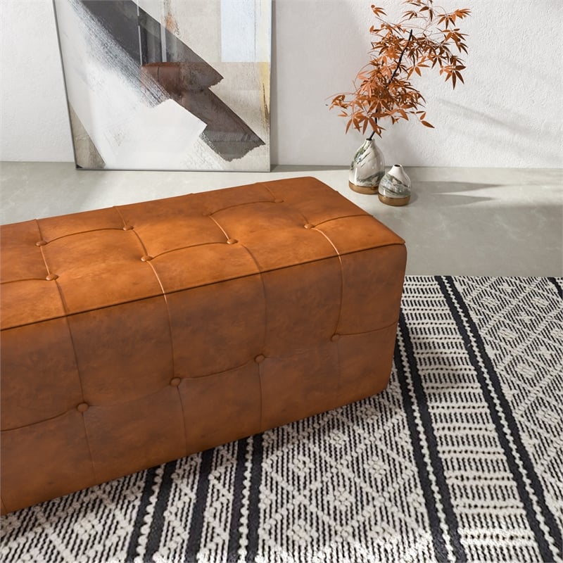 Pemberly Row Mid-Century Design Rectangular Genuine Leather Bench in Tan