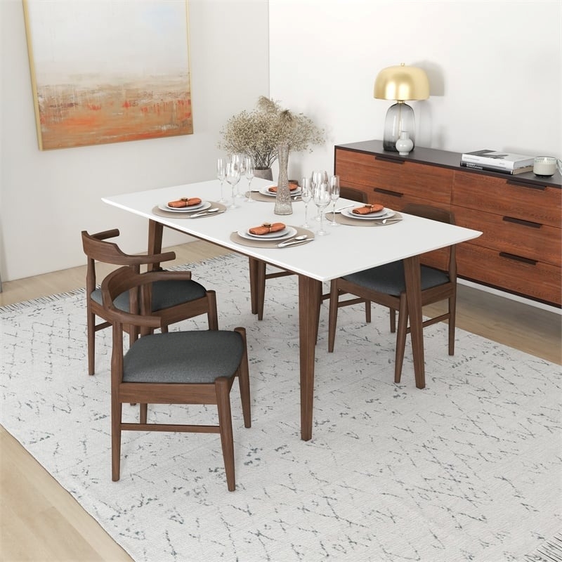 Pemberly Row Mid-Century 5-Piece Solid Wood & Fabric Dining Set in White/Walnut