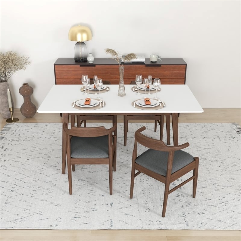 Pemberly Row Mid-Century 5-Piece Solid Wood & Fabric Dining Set in White/Walnut