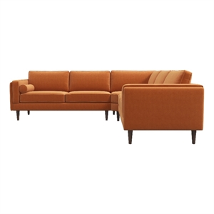 Pemberly Row Mid-Century Velvet Pillow Back Corner Sofa in Burnt Orange