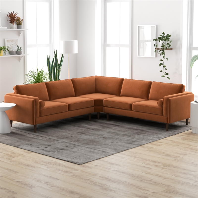 Pemberly Row Mid-Century Velvet Pillow Back Corner Sofa in Burnt Orange