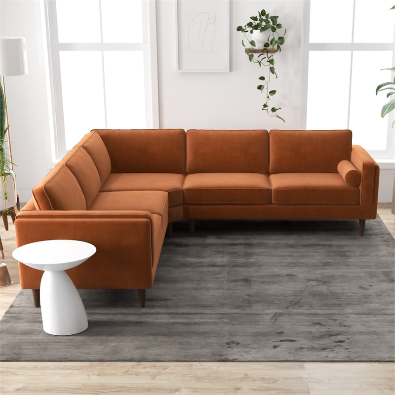 Pemberly Row Mid-Century Velvet Pillow Back Corner Sofa in Burnt Orange