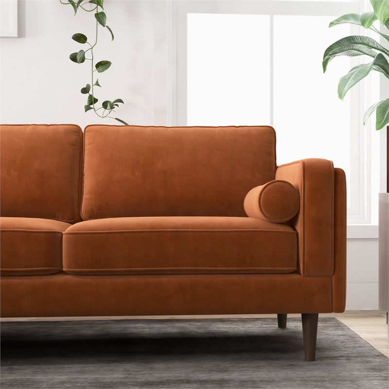 Pemberly Row Mid-Century Velvet Pillow Back Corner Sofa in Burnt Orange