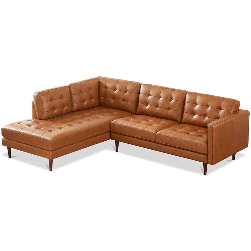 Pemberly Row Mid-Century L-Shaped Leather Left-Facing Sectional in Tan Cognac