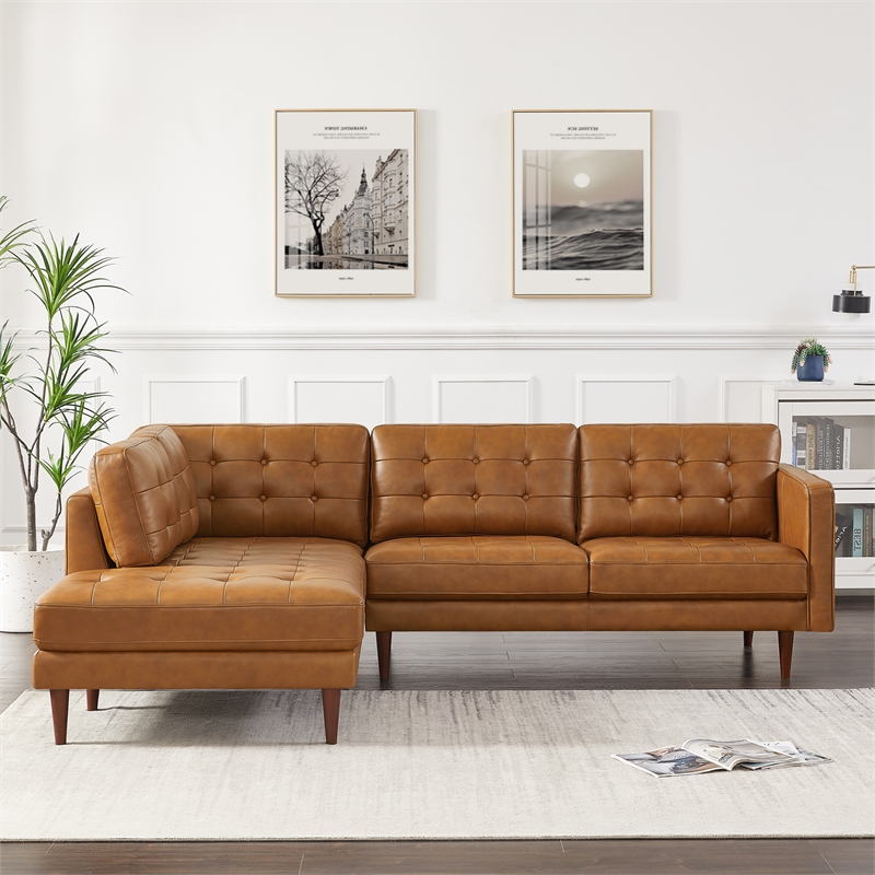 Pemberly Row Mid-Century L-Shaped Leather Left-Facing Sectional in Tan Cognac