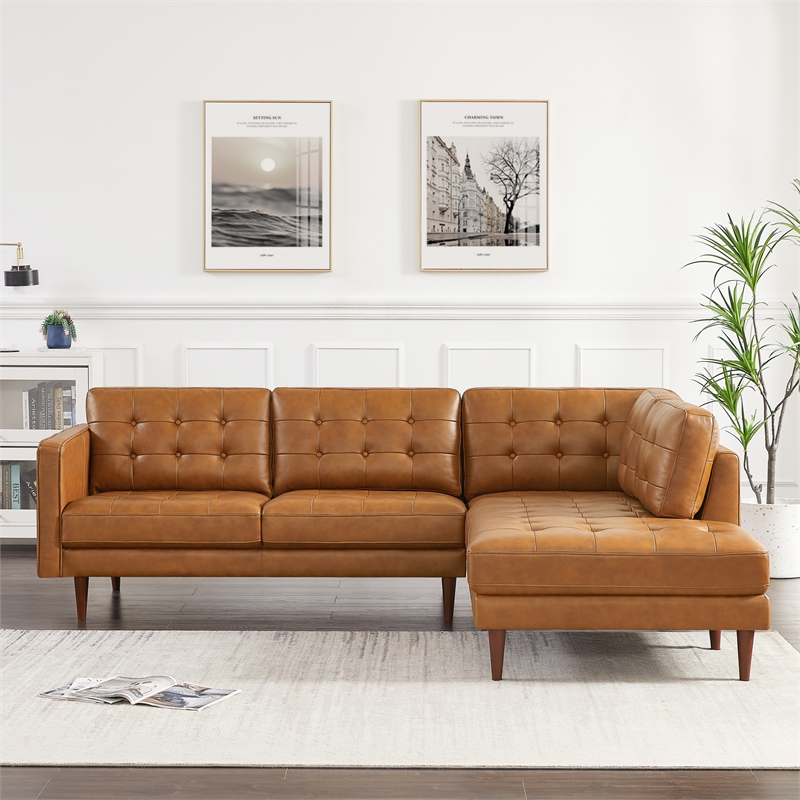 Pemberly Row Mid-Century L-Shaped Leather Right-Facing Sectional in Tan Cognac