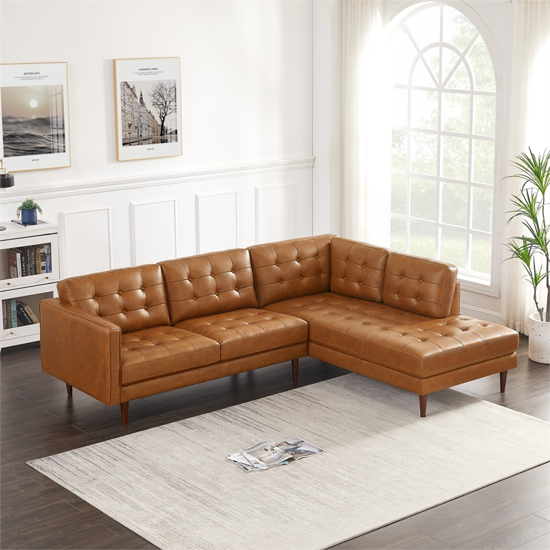 Pemberly Row Mid-Century L-Shaped Leather Right-Facing Sectional in Tan Cognac