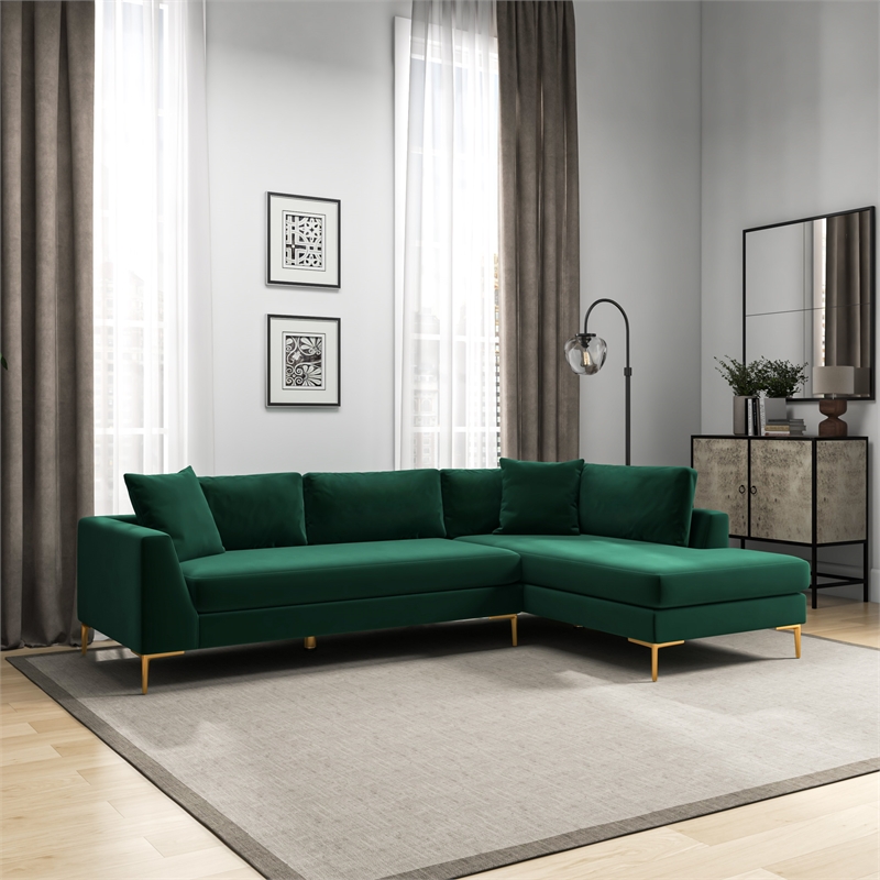 Pemberly Row Velvet L-Shaped Pillow Back Right-Facing Sectional in Green