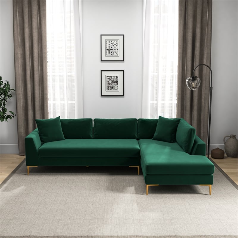 Pemberly Row Velvet L-Shaped Pillow Back Right-Facing Sectional in Green