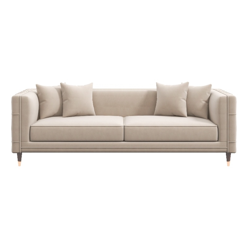 Pemberly Row Mid-Century Rectangular Pillow Back Velvet Sofa in Light Cream