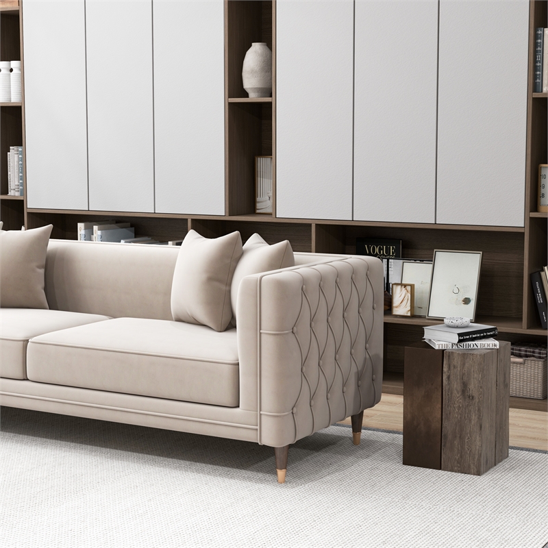 Pemberly Row Mid-Century Rectangular Pillow Back Velvet Sofa in Light Cream