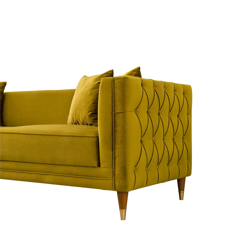 Pemberly Row Velvet Upholstered Rectangular Pillow Back Sofa in Yellow