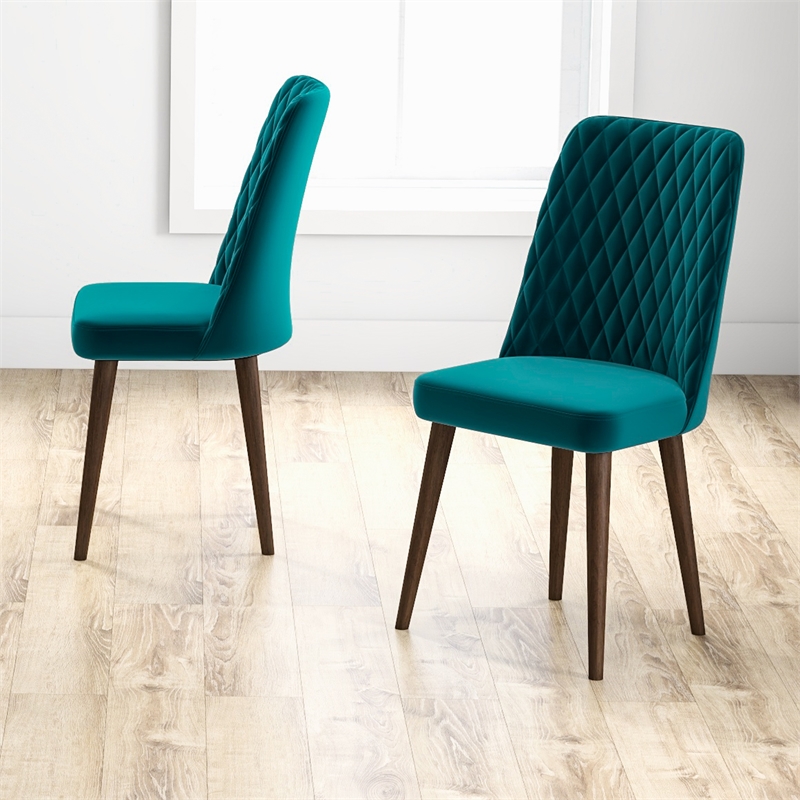 Pemberly Row Mid-Century Velvet Dining Chair in Turquoise (Set of 2)