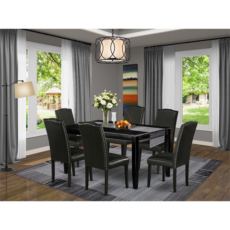 Pemberly Row 7-piece Wood Dining Set with Leather Seat in Black