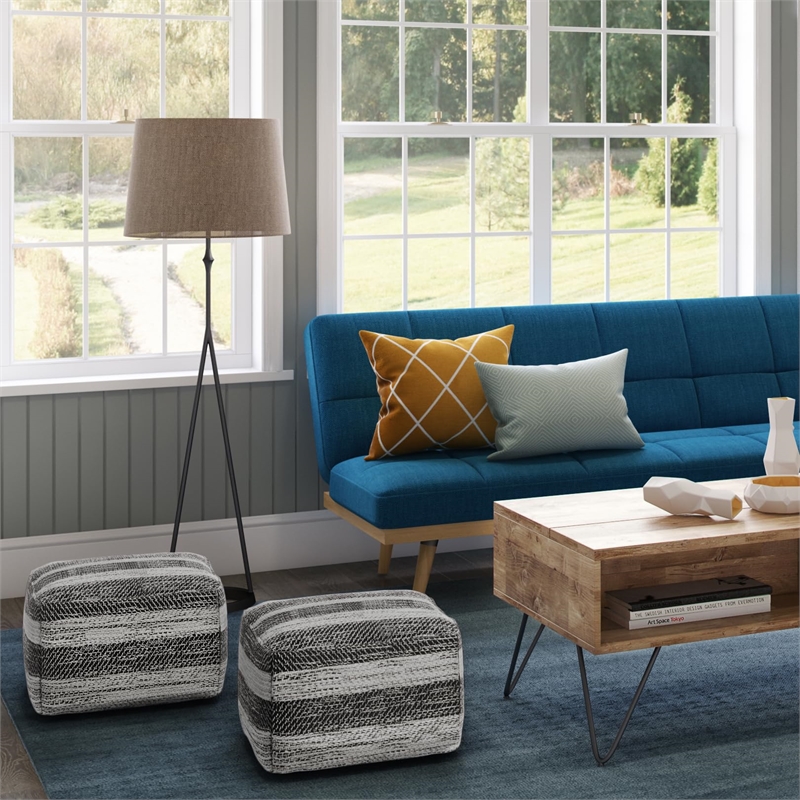 Pemberly Row Transitional Boho Square  Fabric Pouf in Gray Melange Cotton