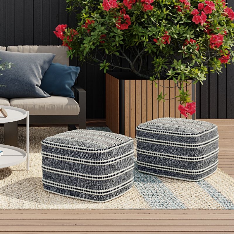 Pemberly Row Modern Fabric Boho Square Woven Pouf in Navy and White