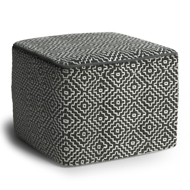Pemberly Row Modern Boho Square Fabric Woven Pouf in Gray and White