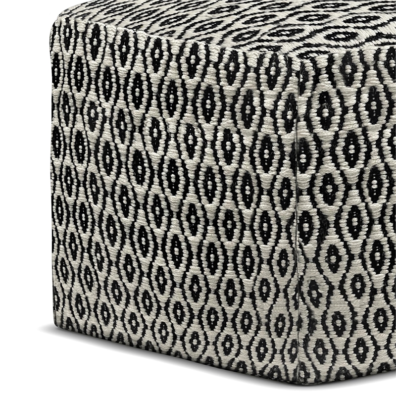 Pemberly Row Modern Boho Square Fabric Woven Pouf in Black and White