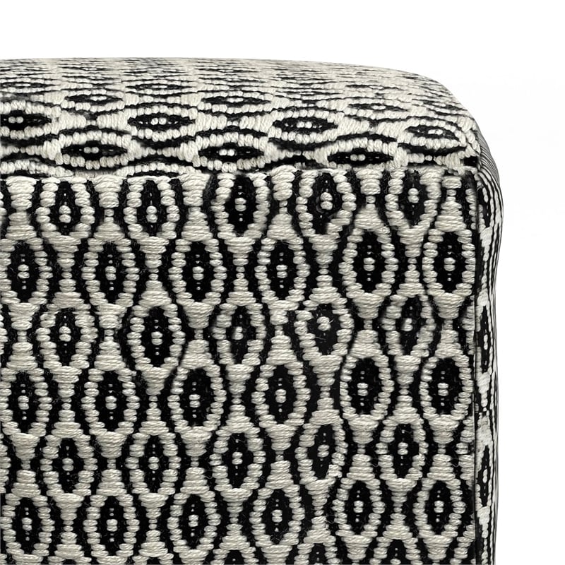Pemberly Row Modern Boho Square Fabric Woven Pouf in Black and White