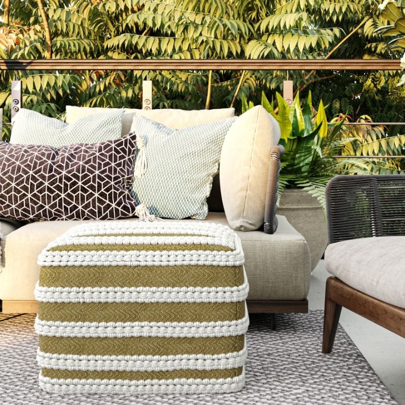 Pemberly Row Modern Boho Square Woven Pouf in Natural and White