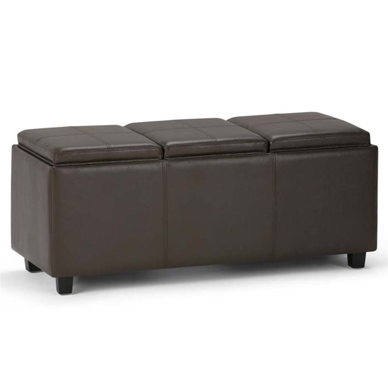Pemberly Row Mid-Century Faux Leather Tray Bench in Chocolate Brown