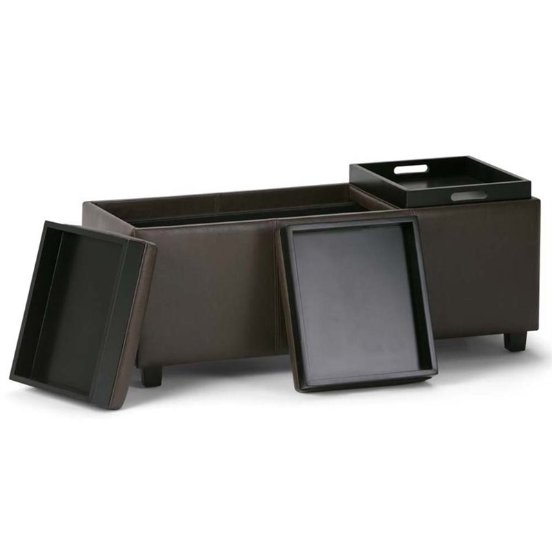 Pemberly Row Mid-Century Faux Leather Tray Bench in Chocolate Brown