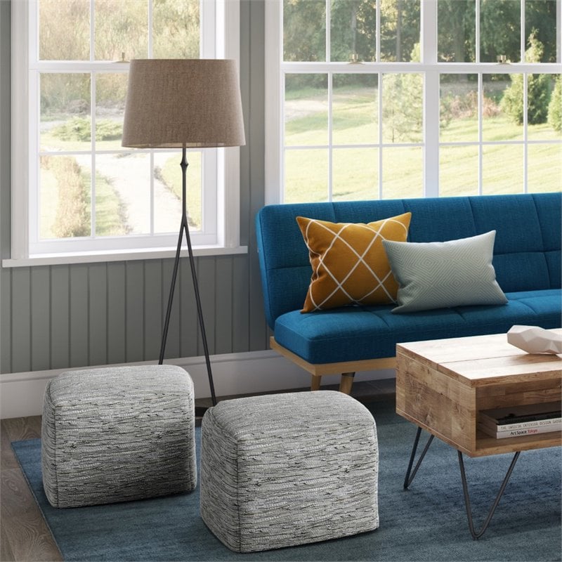 Pemberly Row Transitional  Genuine Leather  Boho Square Pouf in Cream