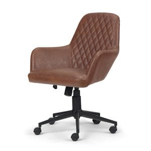 pemberly row mid-century faux leather swivel office chair in distressed cognac