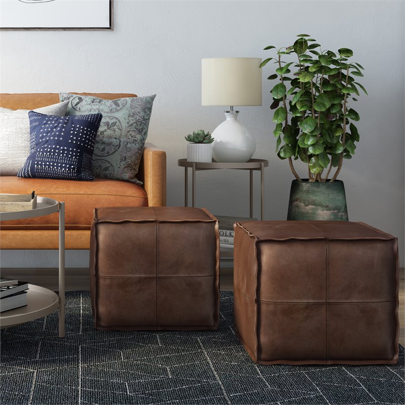 Pemberly Row Transitional Faux Leather Boho Square Pouf in Distressed Dark Brown