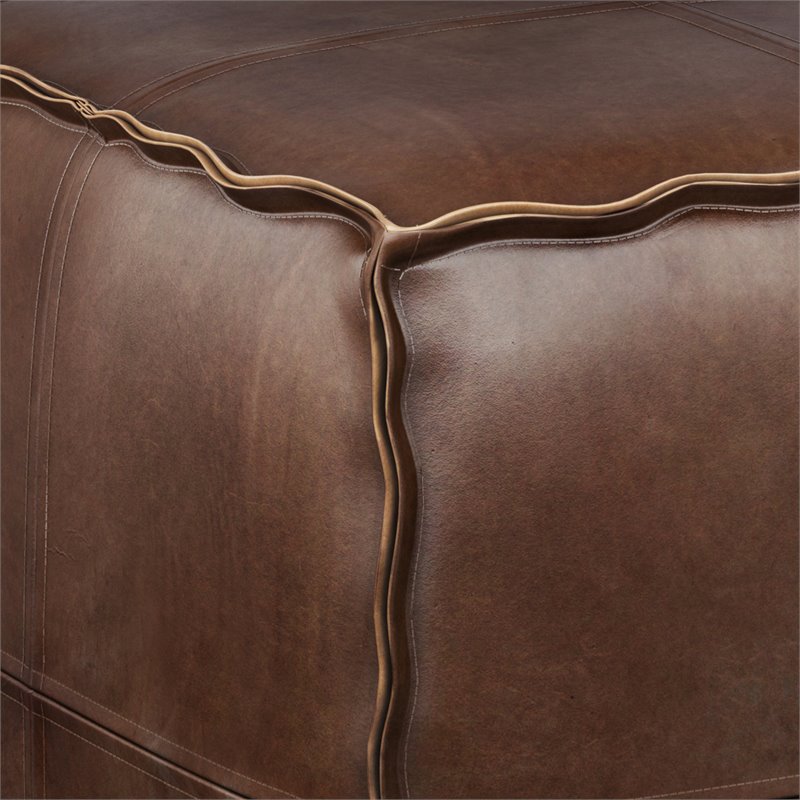 Pemberly Row Transitional Faux Leather Boho Square Pouf in Distressed Dark Brown