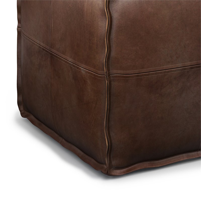Pemberly Row Transitional Faux Leather Boho Square Pouf in Distressed Dark Brown