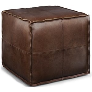 Pemberly Row Transitional Faux Leather Boho Square Pouf in Distressed Dark Brown