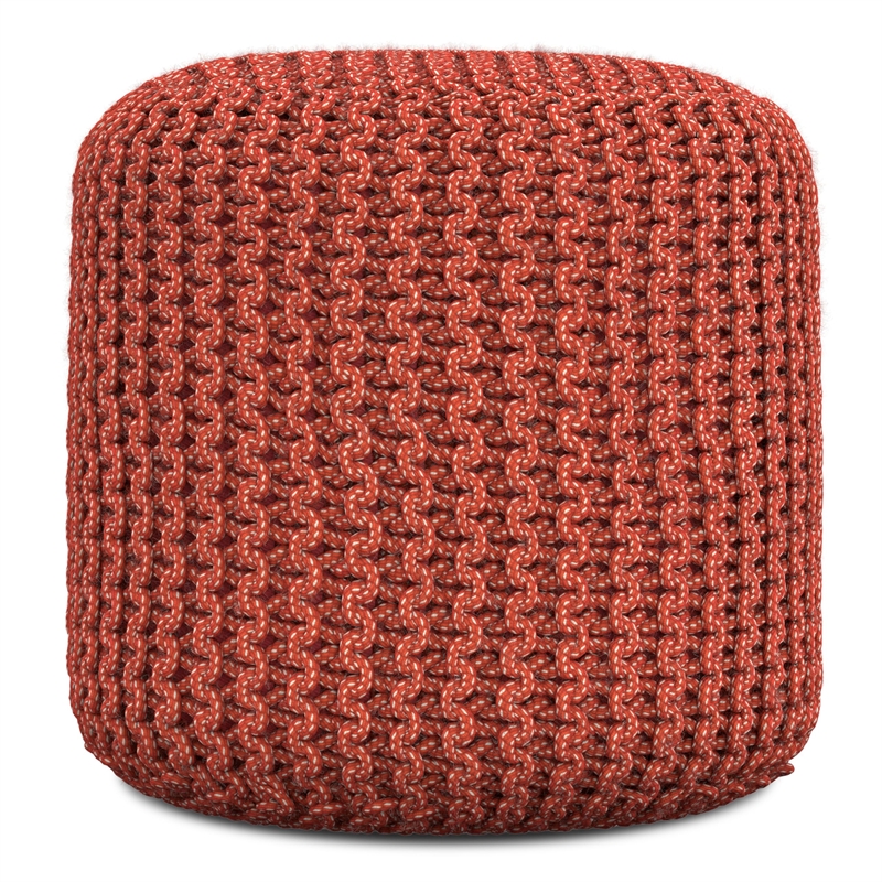 Pemberly Row Traditional Boho Round Fabric Knitted Pouf in Orange
