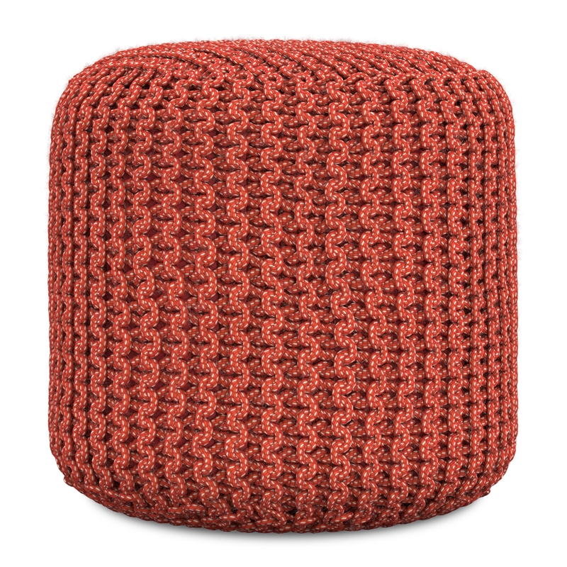 Pemberly Row Traditional Boho Round Fabric Knitted Pouf in Orange