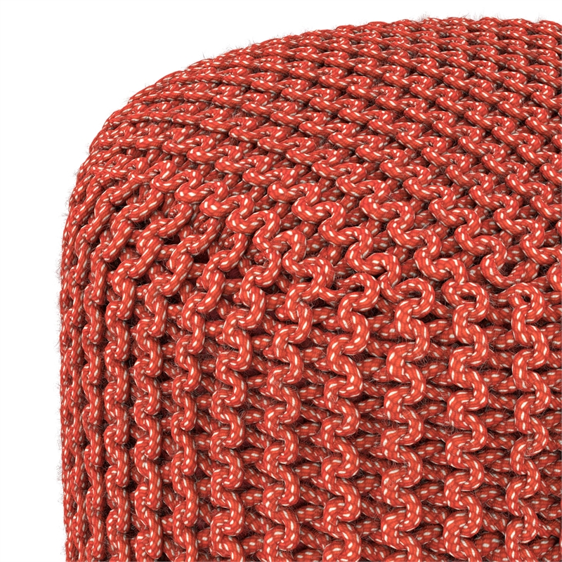 Pemberly Row Traditional Boho Round Fabric Knitted Pouf in Orange