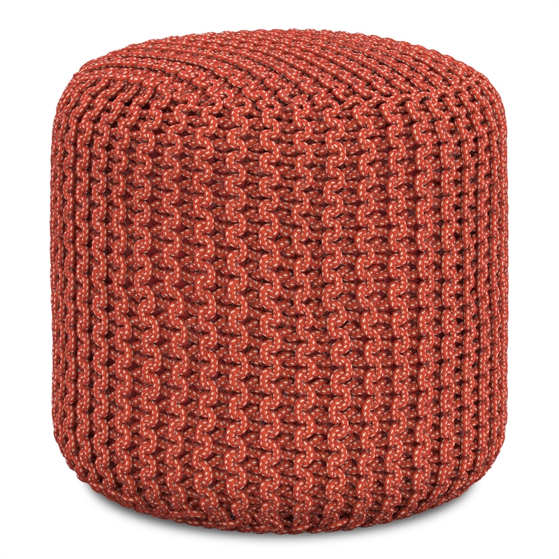 Pemberly Row Traditional Boho Round Fabric Knitted Pouf in Orange