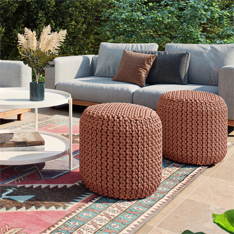 Pemberly Row Traditional Boho Round Fabric Knitted Pouf in Orange