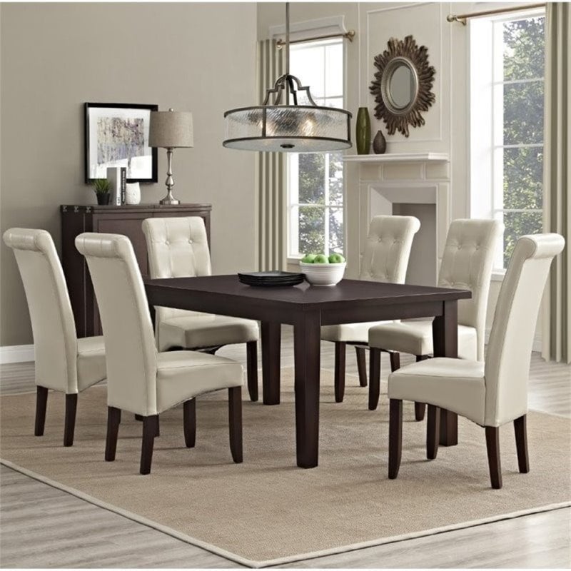 Pemberly Row 7 Piece Wood Dining Set with 6 Dining Chairs in Brown/Cream
