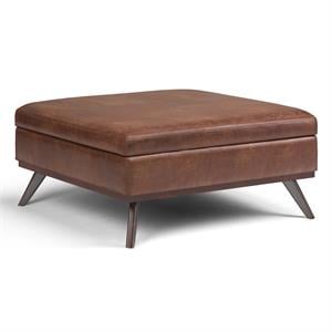 Pemberly Row Mid-Century 40&quot Faux Leather Storage Ottoman in Saddle Brown