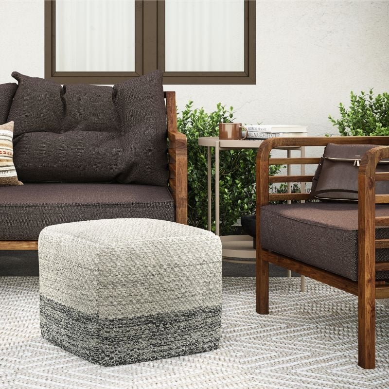 Pemberly Row Modern Boho Square Woven Pouf in Gray and White