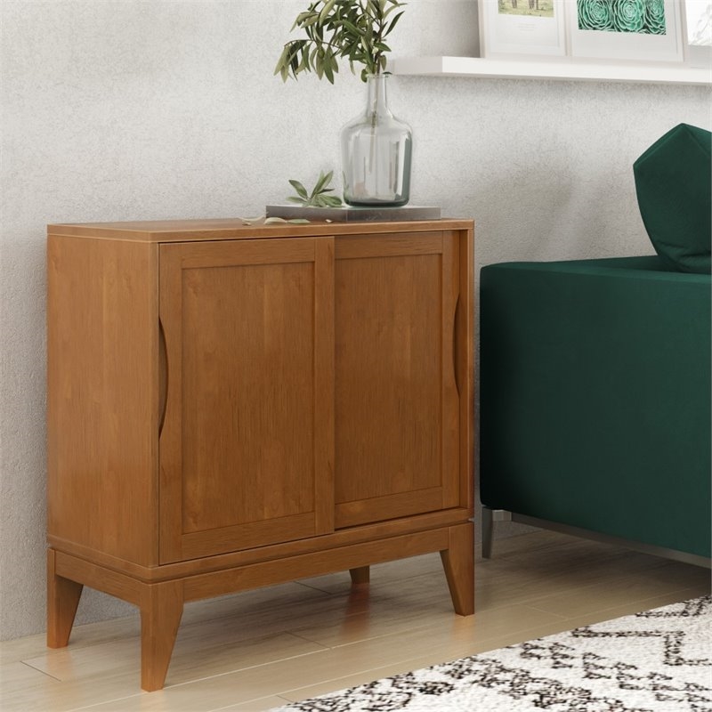 Pemberly Row Mid-Century Solid Wood Low Storage Cabinet in Teak Brown