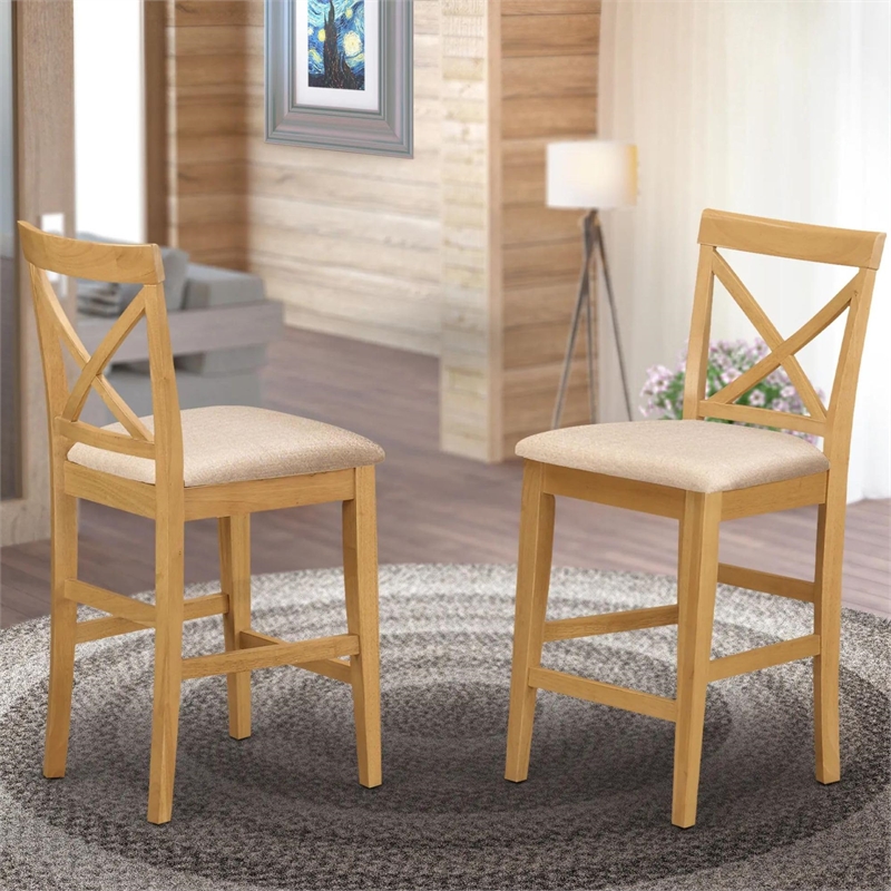Pemberly Row 25'' Traditional Wood X-Back Counter Stool in Oak (Set of 2)