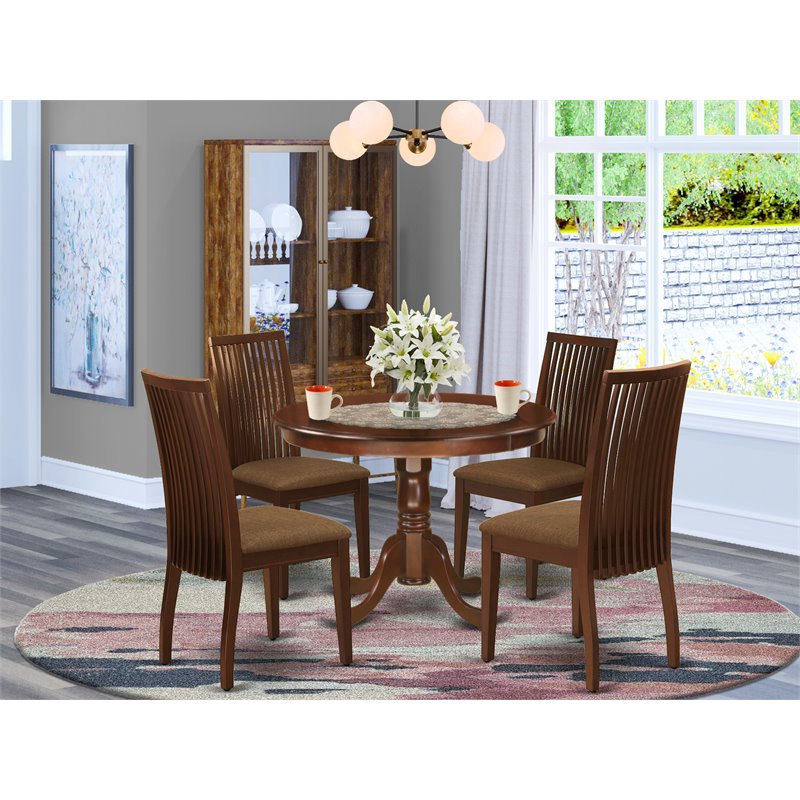 Pemberly Row 5-piece Wood Dining Set w/ Fabric Seat in Mahogany